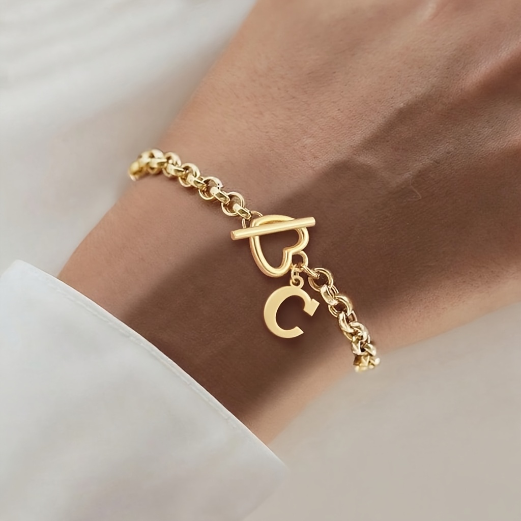 Women's Golden Classic Stainless Steel Initial Heart Toggle Bracelet